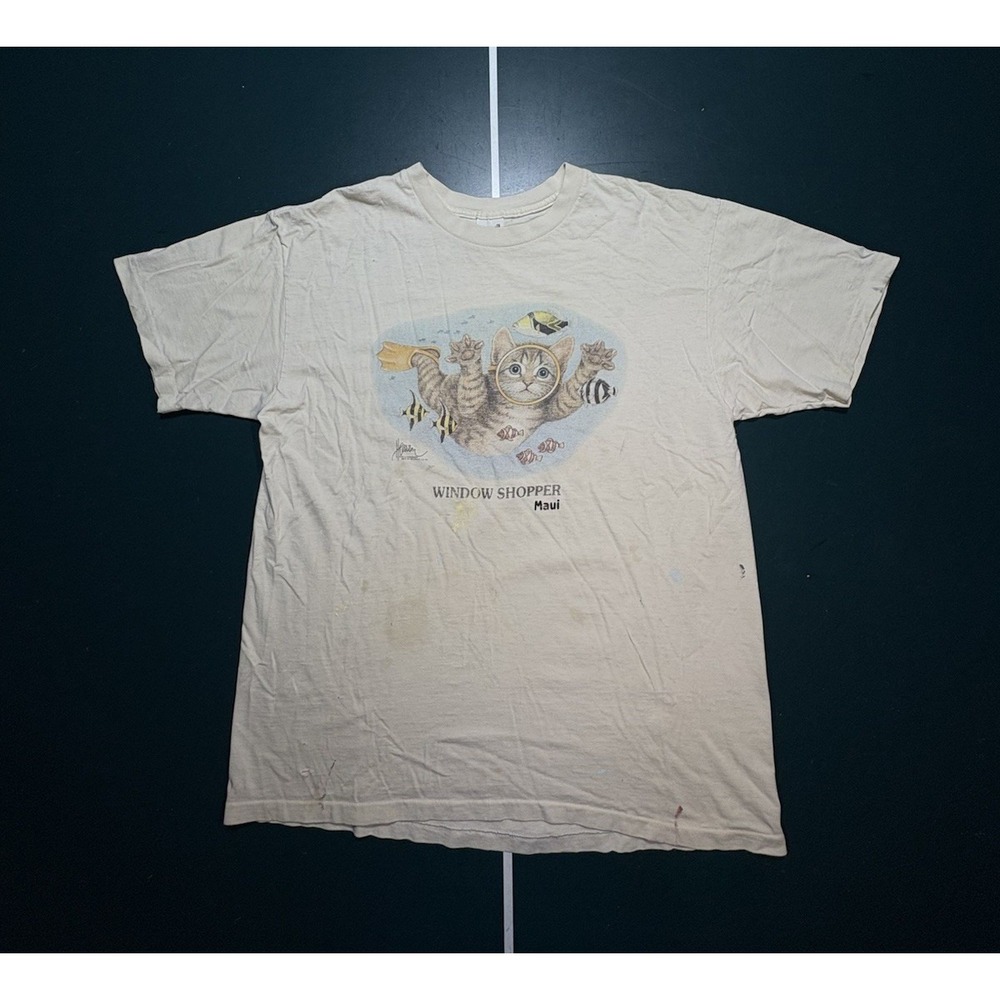 Vintage 90s Bob Harrison Cat Fish Window‎ Shopper T-Shirt Size XL Single Stitch